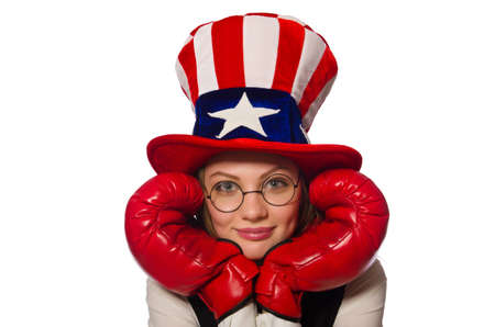 Woman with boxing gloves isolated on whiteの写真素材