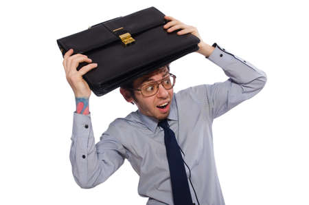 Young employee with briefcase isolated on whiteの写真素材