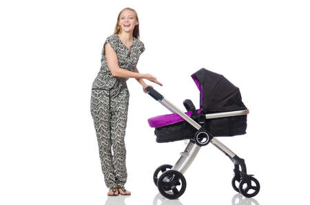 Happy mom with her baby in pramの写真素材