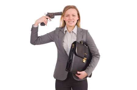 Pretty employee with handgun isolated on whiteの写真素材