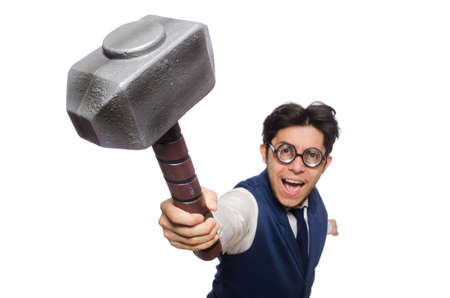 Young man holding hammer isolated on whiteの写真素材