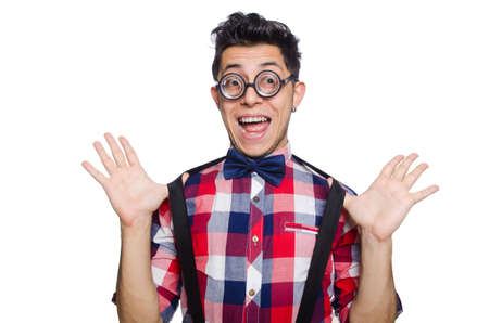 Young man in plaid shirt isolated on whiteの写真素材