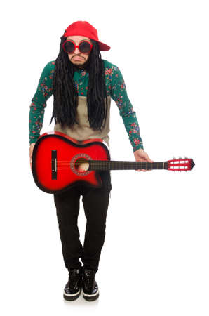 Man with guitar in musical concept on whiteの写真素材