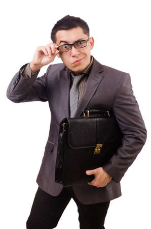 Young man holding briefcase isolated on whiteの写真素材