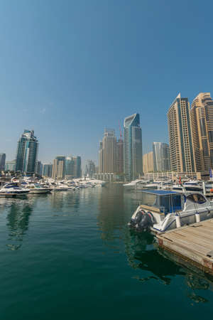Dubai - AUGUST 9, 2014: Dubai Marina district on August 9 in UAE. Dubai is fastly developing city in Middle Eastのeditorial素材