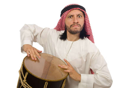 Arab man playing drum isolated on whiteの写真素材