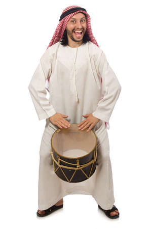 Arab man playing drum isolated on whiteの写真素材