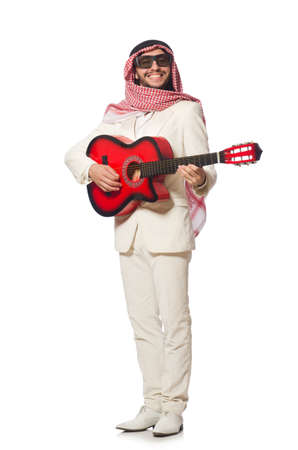 Arab man with guitar on whiteの写真素材