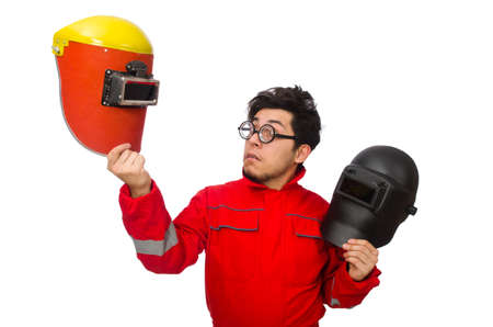 Funny welder isolated on whiteの写真素材