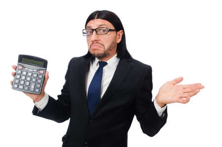 Man with calculator isolated on whiteの写真素材
