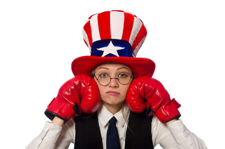 Woman with boxing gloves isolated on whiteの写真素材