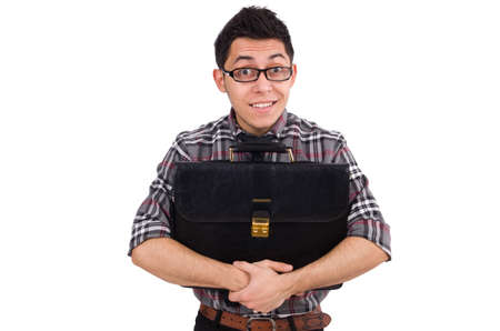 Young employee with briefcase isolated on whiteの写真素材