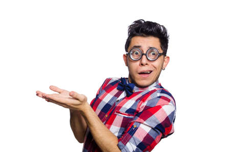 Young man in plaid shirt isolated on white