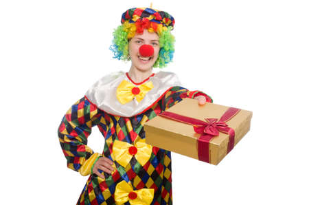 Clown with giftbox isolated on whiteの写真素材