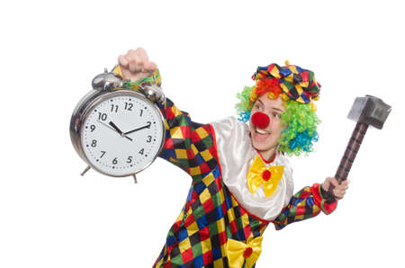Clown with clock and hammer isolated on whiteの写真素材