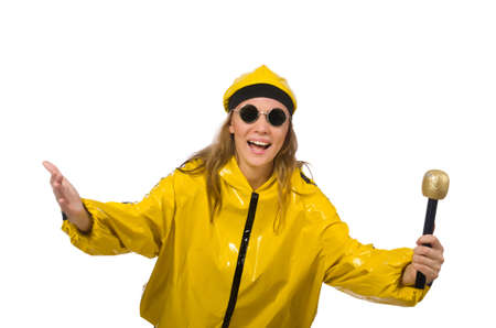 Woman in yellow suit isolated on whiteの写真素材