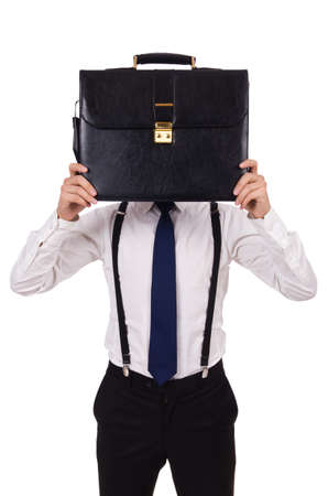 Young businessman holding briefcase isolated on whiteの写真素材
