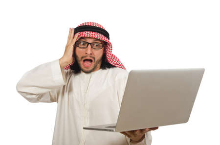 Arab man with laptop isolated on whiteの写真素材