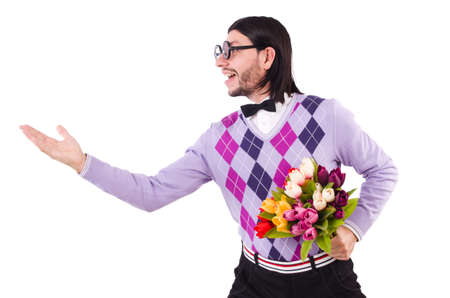 Man holding tulips isolated on whiteの写真素材