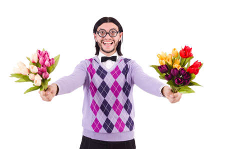Man holding tulips isolated on whiteの写真素材