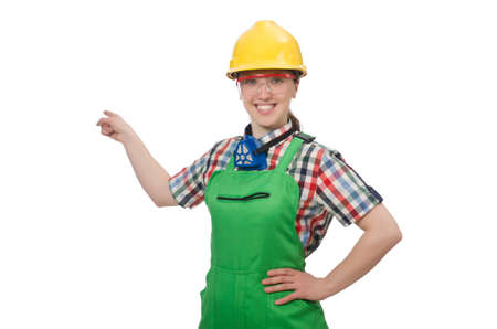 Female worker wearing coverall isolated on whiteの写真素材