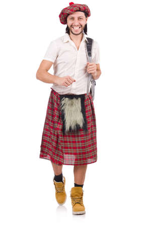 Man in scottish skirt isolated on whiteの写真素材