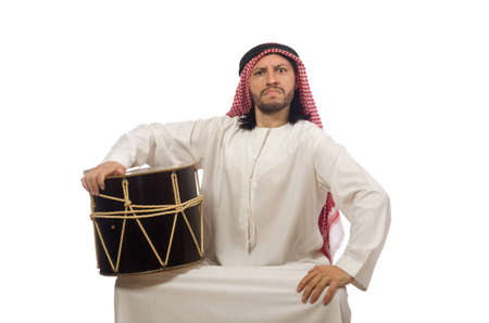 Arab man playing drum isolated on whiteの写真素材