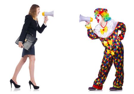 Clown and businesswoman with loudspeakers isolated on whiteの写真素材