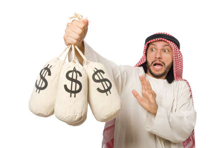 Arab businessman with sacks of moneyの写真素材