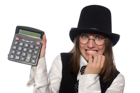 Funny woman with calculator isolated on whiteの写真素材