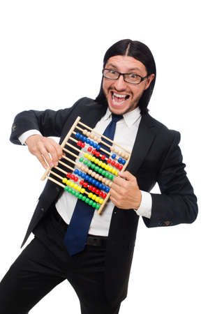 Funny man with calculator and abacusの写真素材