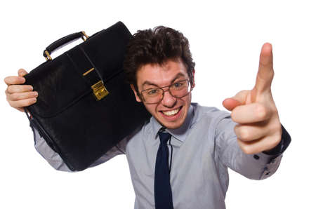 Young employee with briefcase isolated on whiteの写真素材