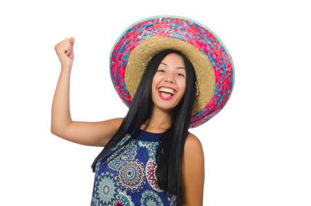 Young attractive woman wearing sombrero on whiteの写真素材