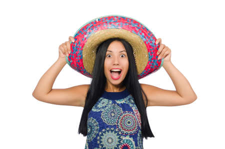 Young attractive woman wearing sombrero on whiteの写真素材