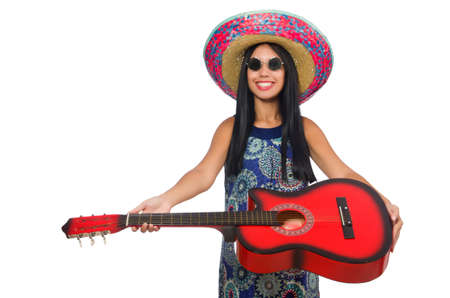 Young attractive woman wearing sombrero on whiteの写真素材