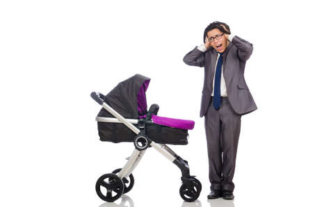 Funny dad with baby and pram on whiteの写真素材