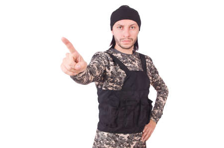 Caucasian soldier with handgun isolated on whiteの写真素材