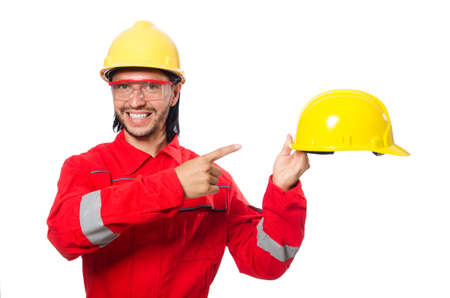 Man wearing red coveralls isolated on white