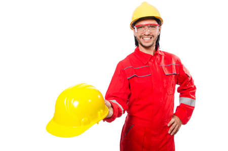 Man wearing red coveralls isolated on whiteの写真素材