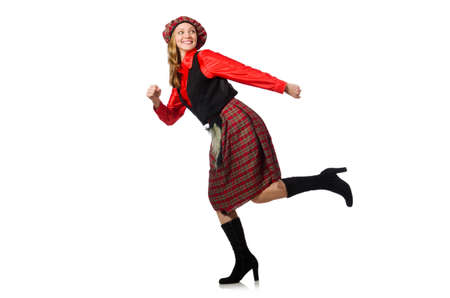 Funny woman in scottish clothing on whiteの写真素材