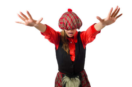 Funny woman in scottish clothing on whiteの写真素材