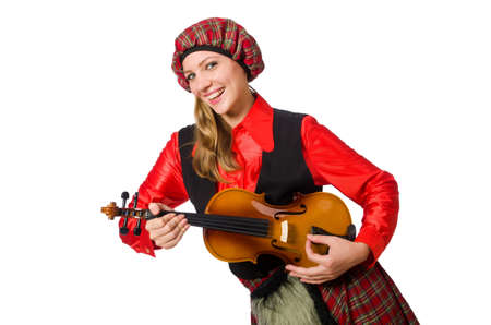 Funny woman in scottish clothing with violinの写真素材