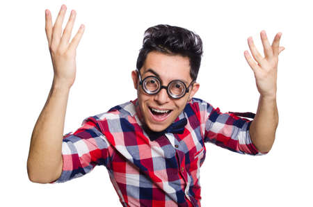 Young man in plaid shirt isolated on whiteの写真素材