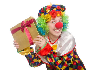 Clown with giftbox isolated on whiteの写真素材