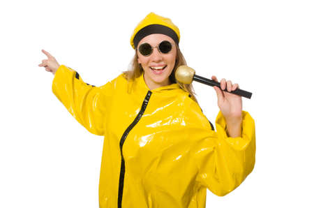 Woman in yellow suit isolated on white