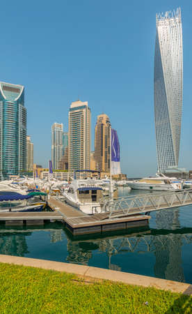 Dubai - AUGUST 9, 2014: Dubai Marina district on August 9 in UAE. Dubai is fastly developing city in Middle Eastのeditorial素材