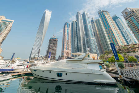 Dubai - AUGUST 9, 2014: Dubai Marina district on August 9 in UAE. Dubai is fastly developing city in Middle Eastのeditorial素材