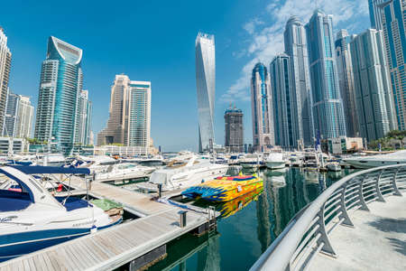 Dubai - AUGUST 9, 2014: Dubai Marina district on August 9 in UAE. Dubai is fastly developing city in Middle Eastのeditorial素材