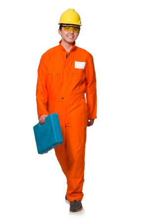 Man in orange coveralls isolated on whiteの写真素材