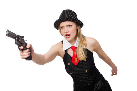Gangster woman with handgun on whiteの写真素材
